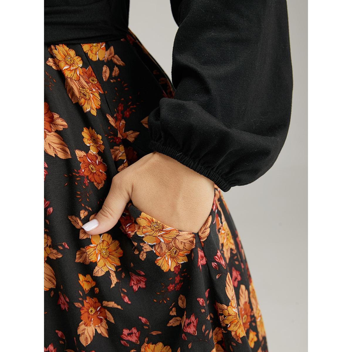 Plus Size Supersoft Essentials Floral Patchwork Twist Front Dress Black Women Elegant Elastic cuffs V-neck Long Sleeve Curvy Midi Dress BloomChic 14-16/1X Product Image