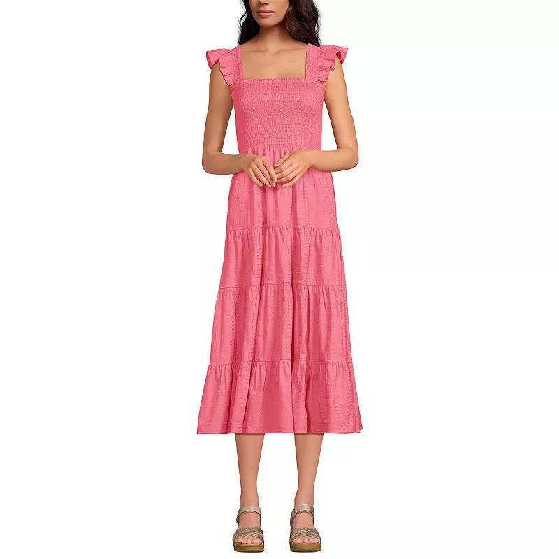 Women's Lands' End Cotton Dobby Smocked Ruffle Shoulder Midi Dress, Size: Large, White Product Image