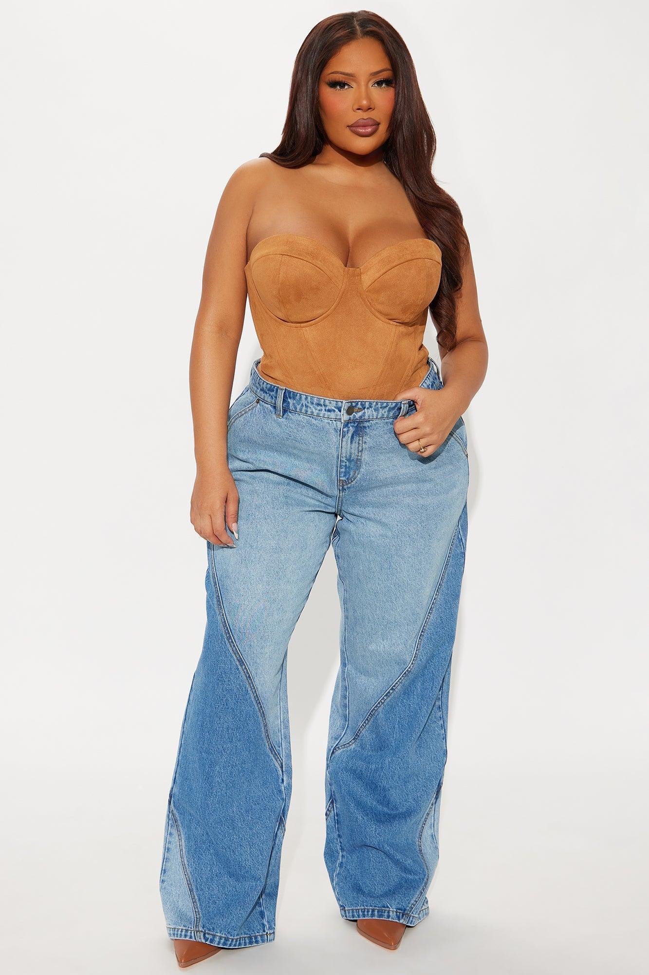 Oui Oui Two Tone Wide Leg Jeans - Light Blue Wash Product Image