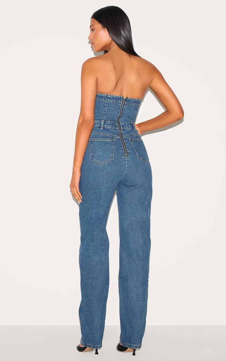Tall Indigo Vintage Wash Bandeau Style Straight Leg Denim Jumpsuit Product Image