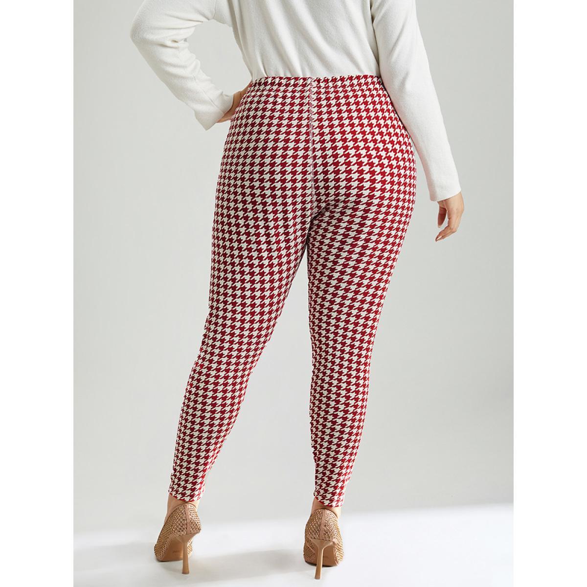 Plus Size Christmas Houndstooth Elastic Waist High Rise Leggings Women Raspberry Elegant High stretch Skinny High Rise Dailywear Leggings BloomChic 10/M Product Image