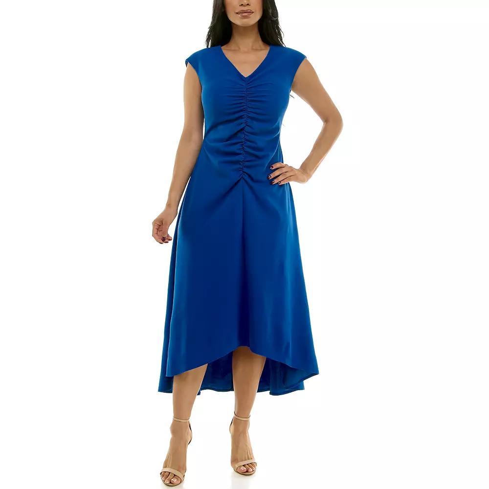 Women's Maison Tara V-Neck Cap Sleeve Ruched Front Midi Dress, Size: 6, Blue Product Image