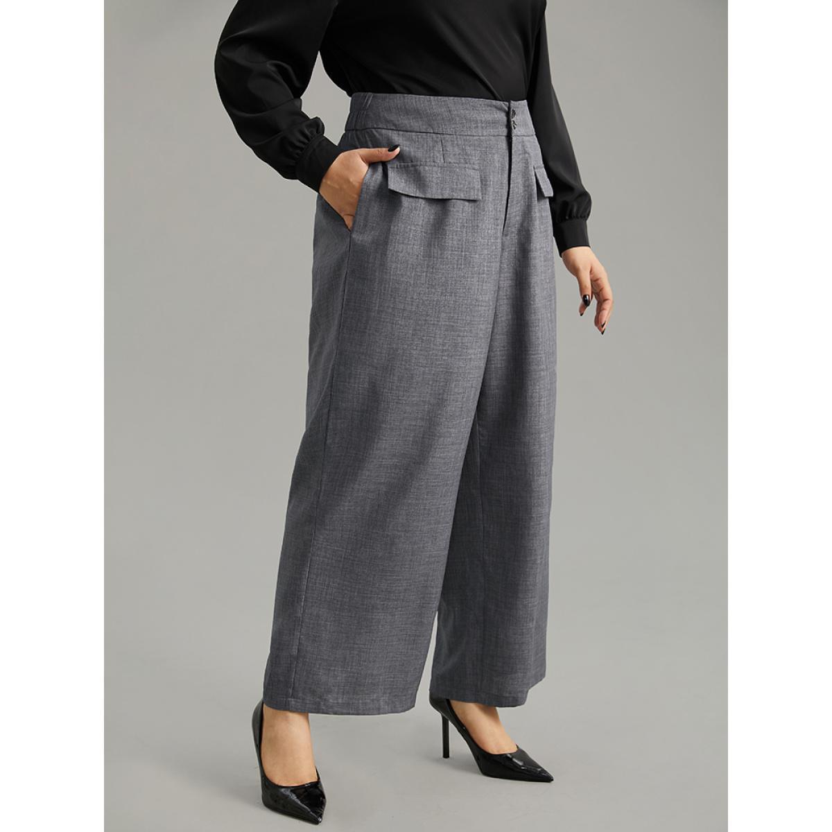 Plus Size Textured Button Up Flap Detail Wide Leg Pants Women Gray Office Wide Leg High Rise Work Pants BloomChic 28/5X Product Image