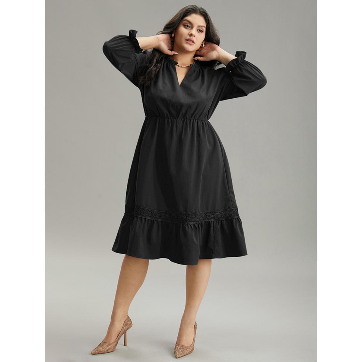 Plus Size Solid Frill Trim Guipure Lace Flutter Sleeve Dress Black Women At the Office Plain Notched collar Long Sleeve Curvy Midi Dress BloomChic 10/M Product Image