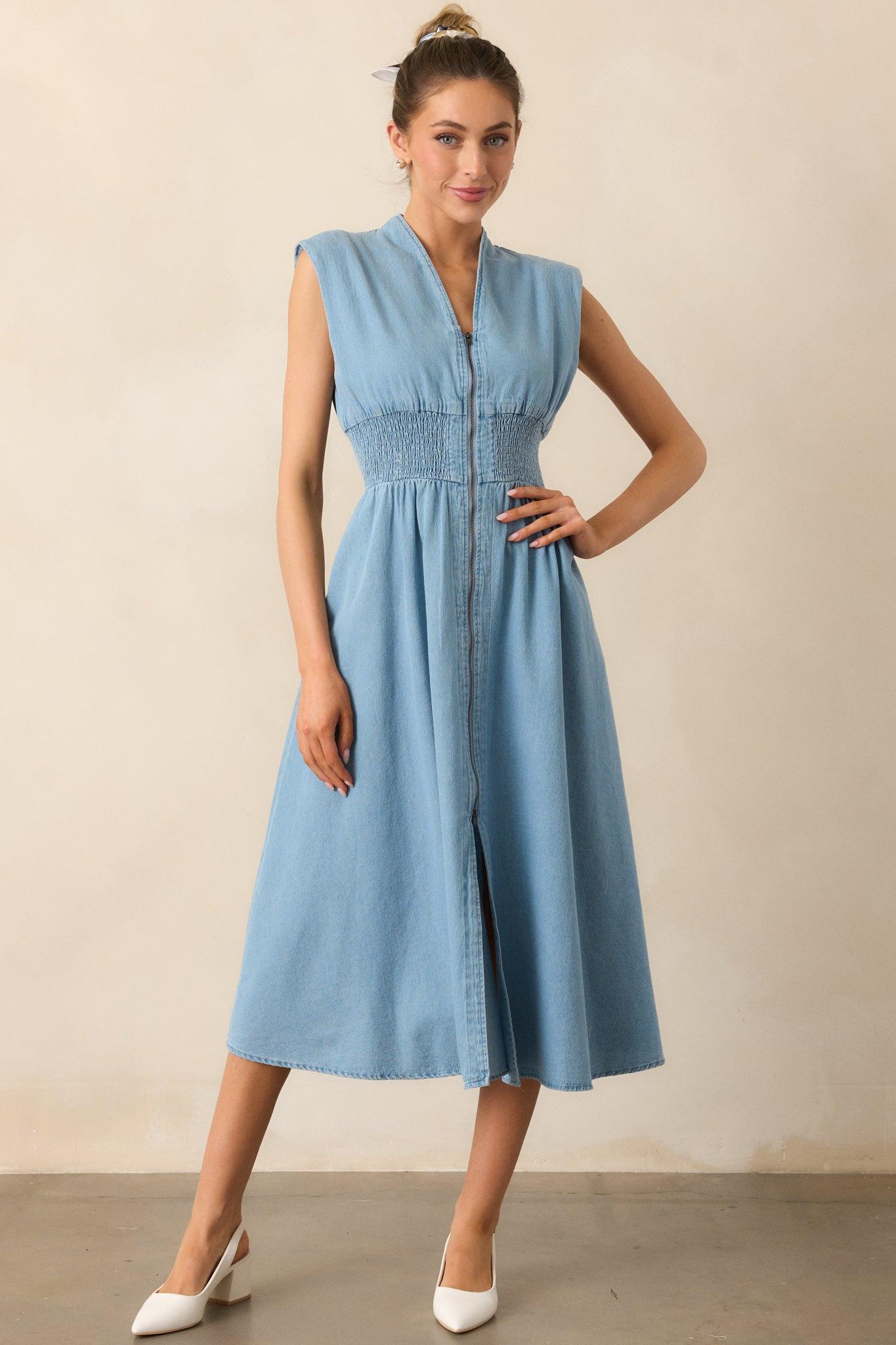The Evette Light Wash Denim Zip Front Midi Dress Product Image