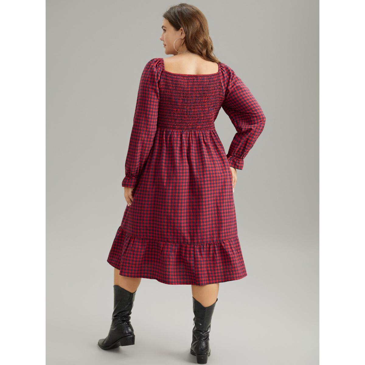Plus Size Gingham Square Neck Shirred Gathered Ruffles Dress Scarlet Women Casual Gathered Square Neck Long Sleeve Curvy Midi Dress BloomChic 18-20/2X Product Image