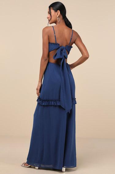 Pronounced Perfection Dark Blue Cutout Tie-Back Maxi Dress Product Image