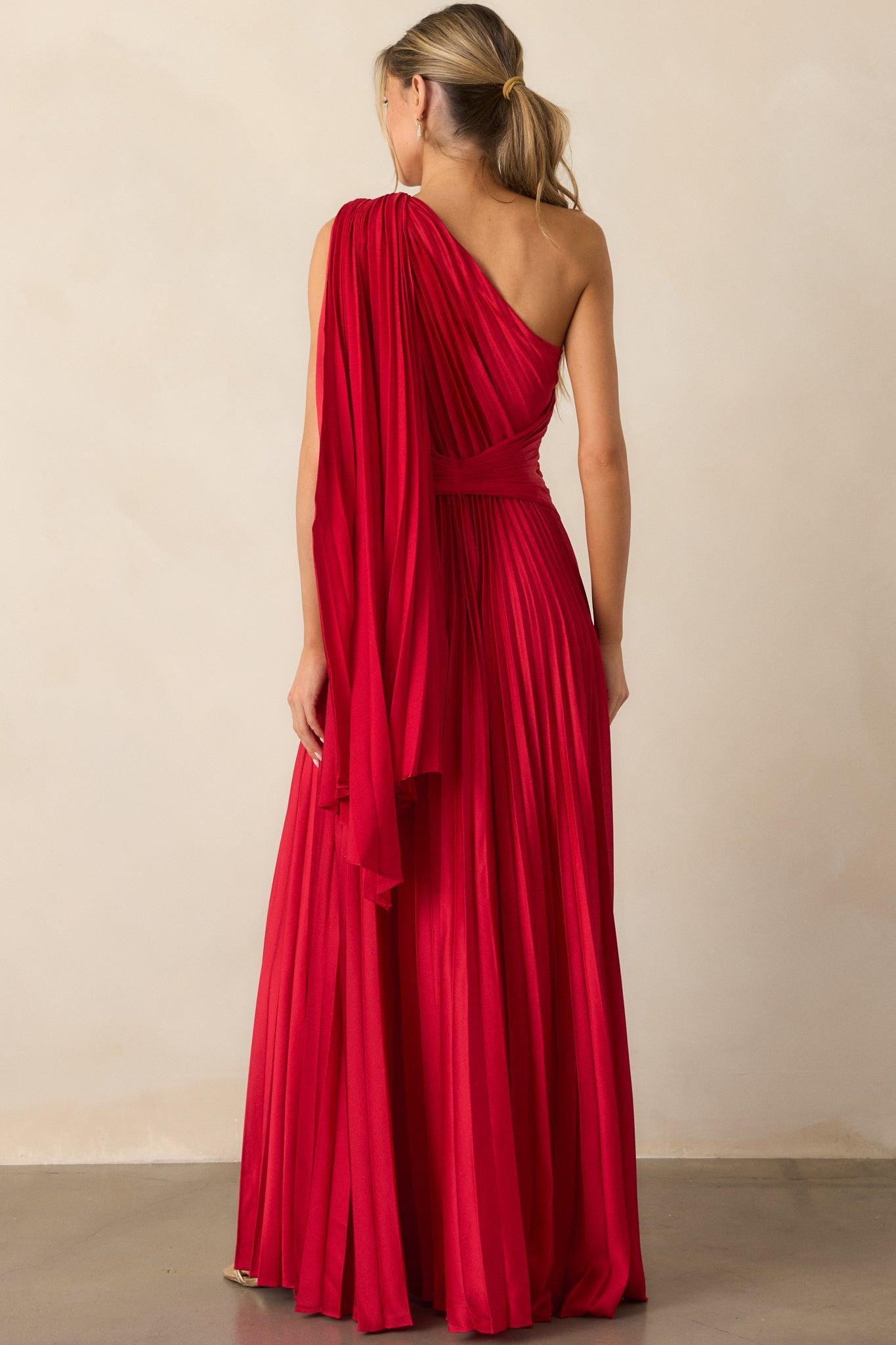 The One I Adore Red One Shoulder Pleated Maxi Dress Product Image
