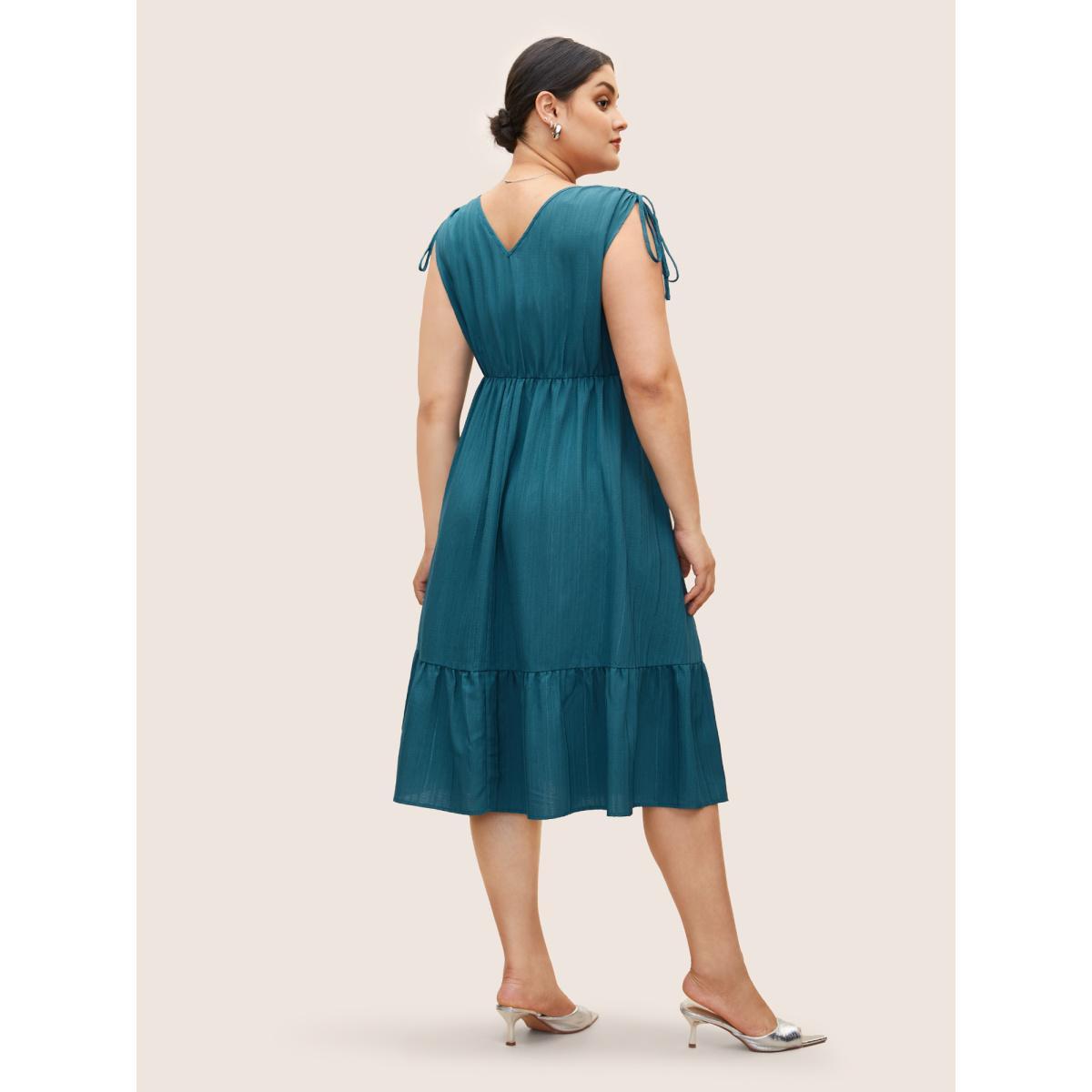 Plus Size Plain Textured Drawstring Ruffle Hem Dress Cerulean Women At the Office Texture V-neck Sleeveless Curvy BloomChic 30/6X Product Image