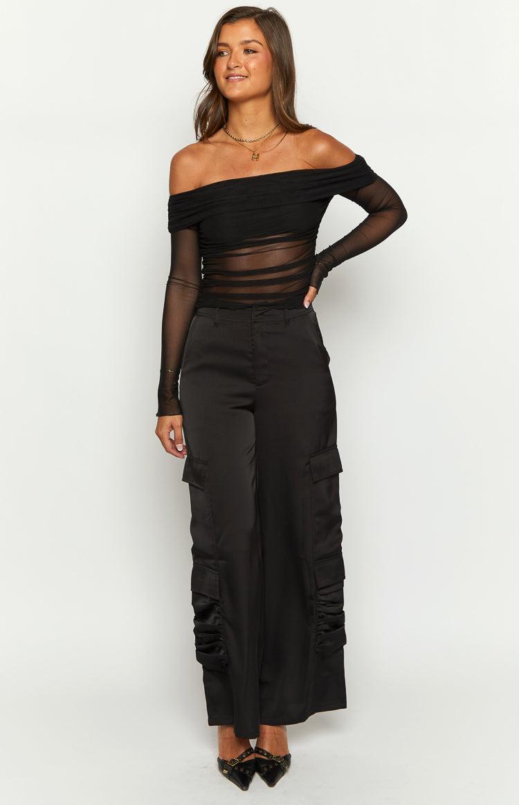 Satin Sapphire Black Cargo Pants Product Image