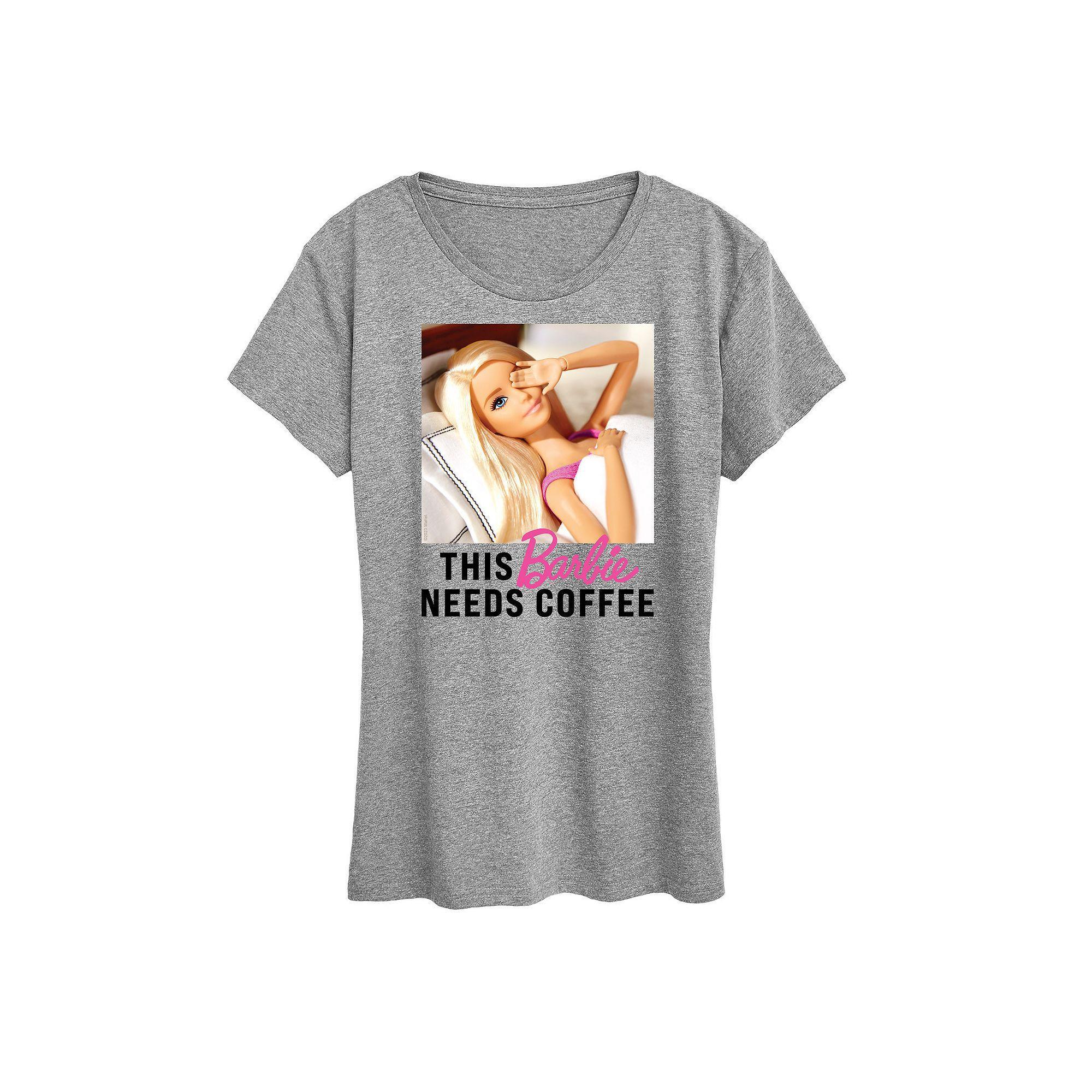 Womens Barbie Needs Coffee Graphic Tee, Girls Grey Gray Product Image