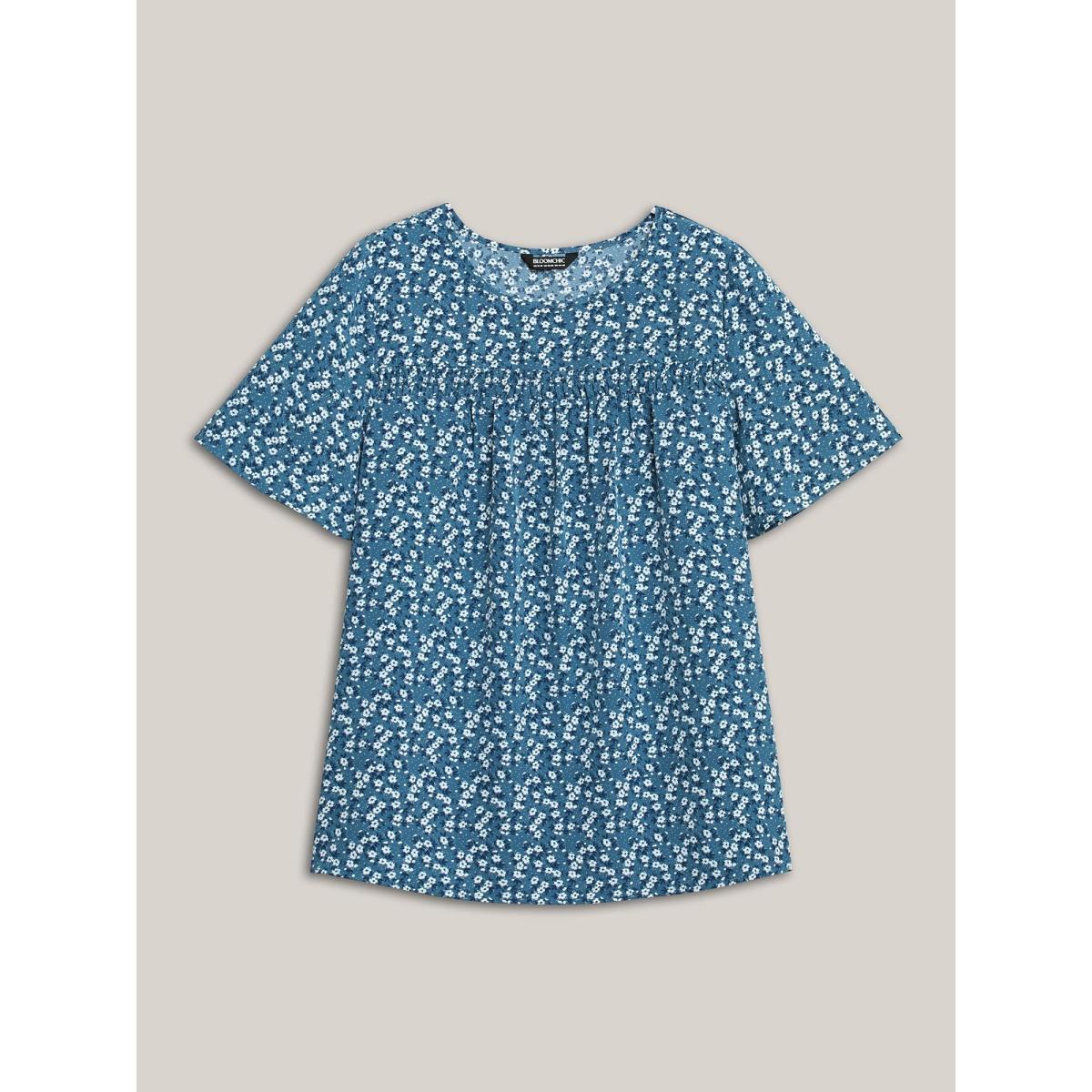 Plus Size Aegean Floral Ruffle Sleeve Gathered Round Neck Blouse Women Casual Short sleeve Round Neck Everyday Blouses BloomChic 28/5X Product Image