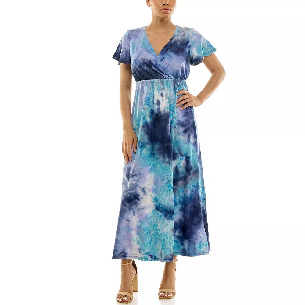 Women's Nina Leonard Tie Dye Print Flutter Sleeve V-Neck Maxi Dress, Size: Small, Grey Team Product Image