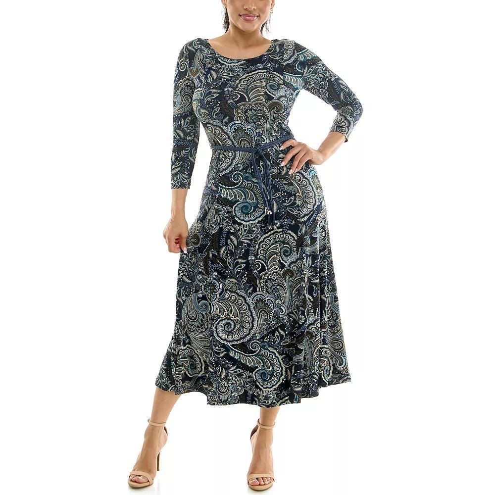 Women's Nina Leonard Sylvia Three-Quarter Sleeve Belted Midi Dress, Size: Large, Blue Team Combo Product Image