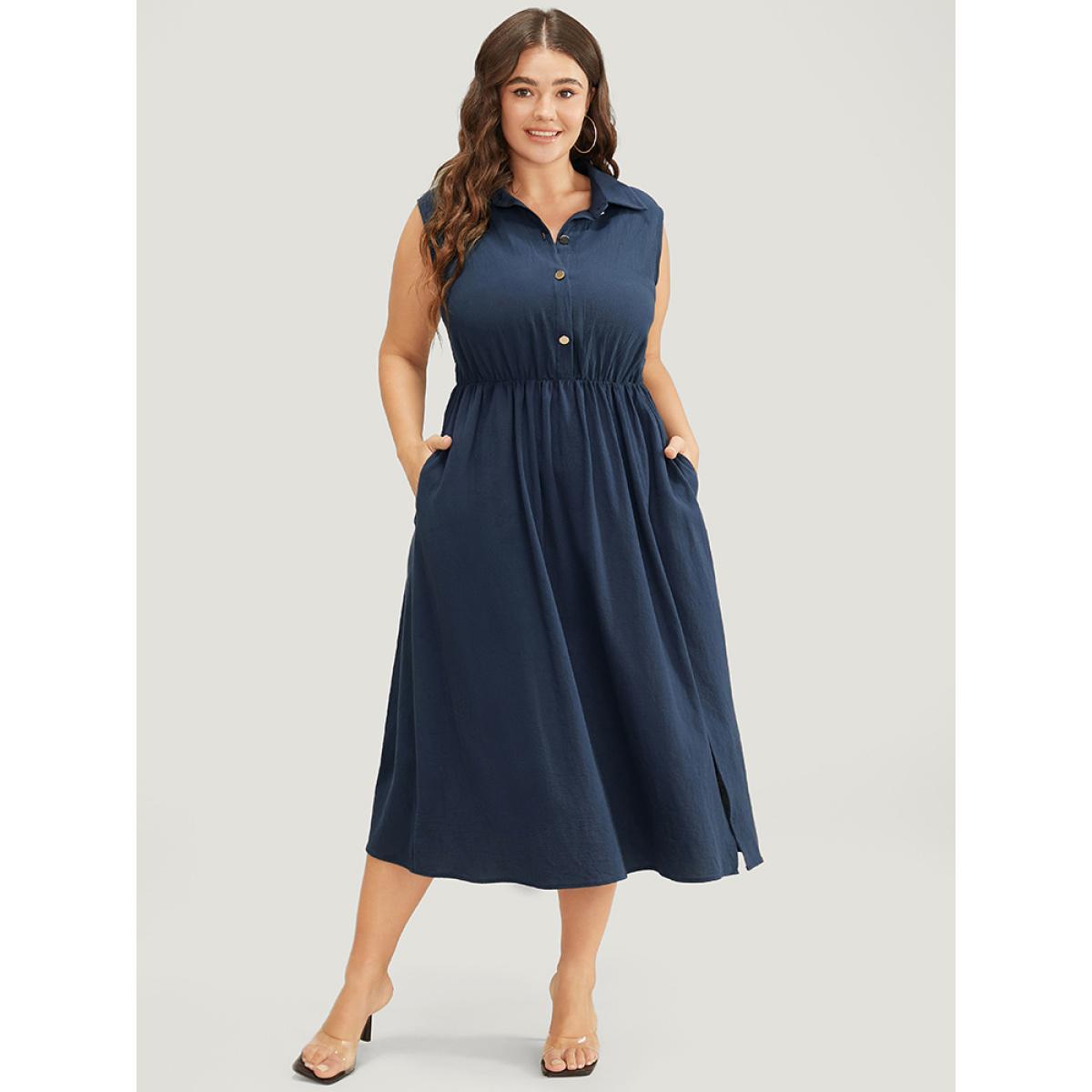 Plus Size Solid Shirt Collar Sleeveless Pocket Button Up Split Hem Dress Indigo Women Office Button Shirt collar Sleeveless Curvy Midi Dress BloomChic 14-16/1X Product Image