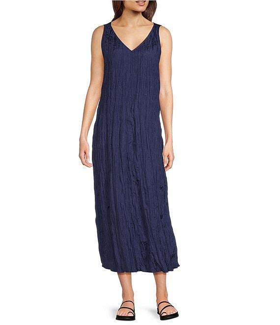 Eileen Fisher Crushed Silk V-Neck Sleeveless Midi Dress Product Image