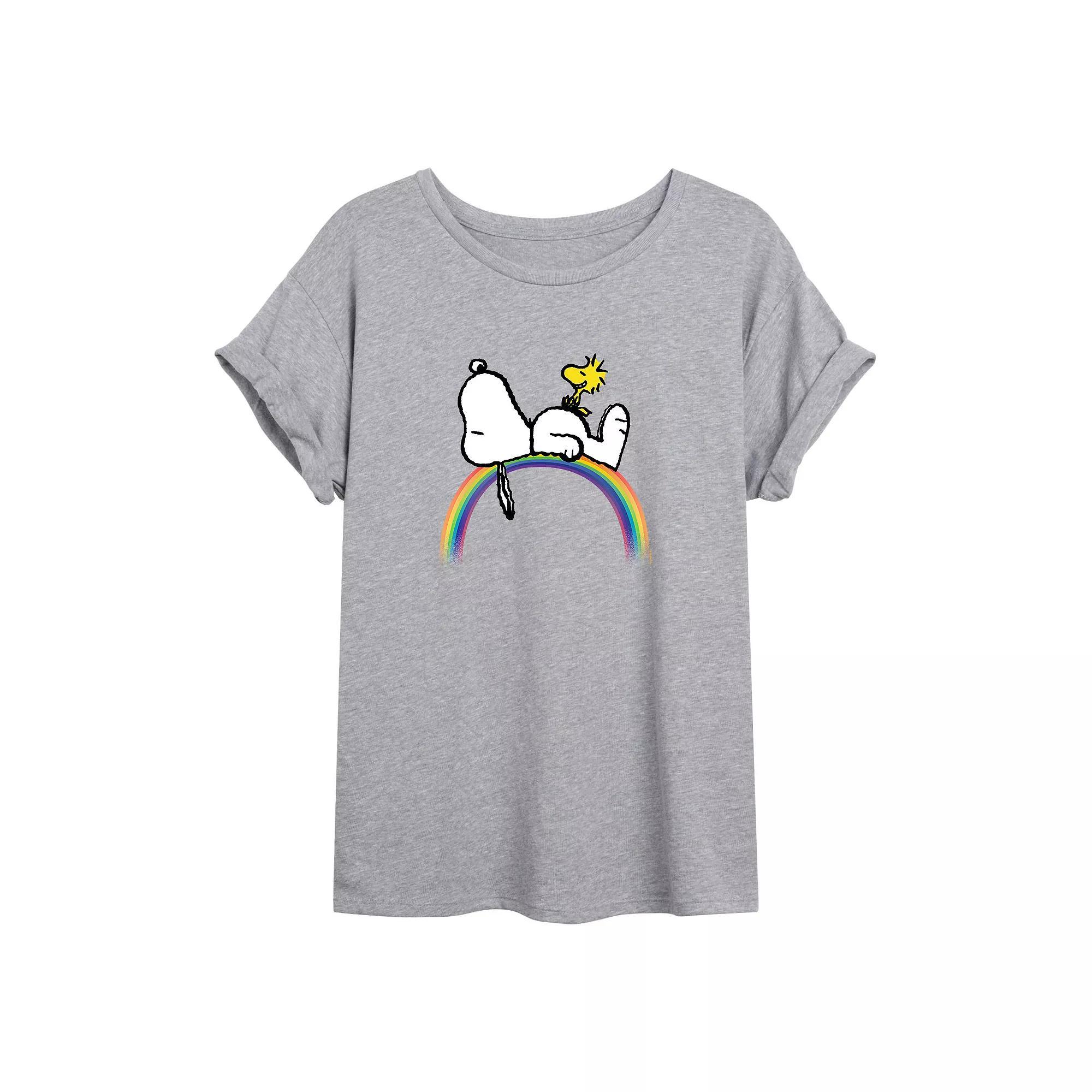 Juniors Peanuts Snoopy & Woodstock Rainbow Oversized Tee, Girls Product Image