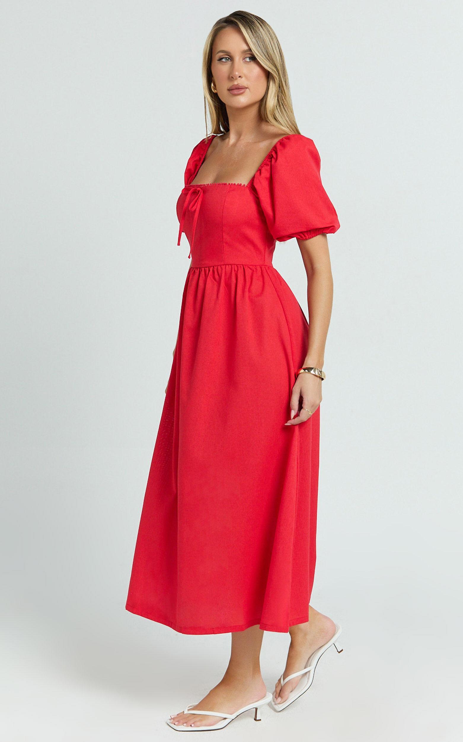 Quinn Midi Linen Dress - Puff Sleeve Square Neck Dress in Red Product Image