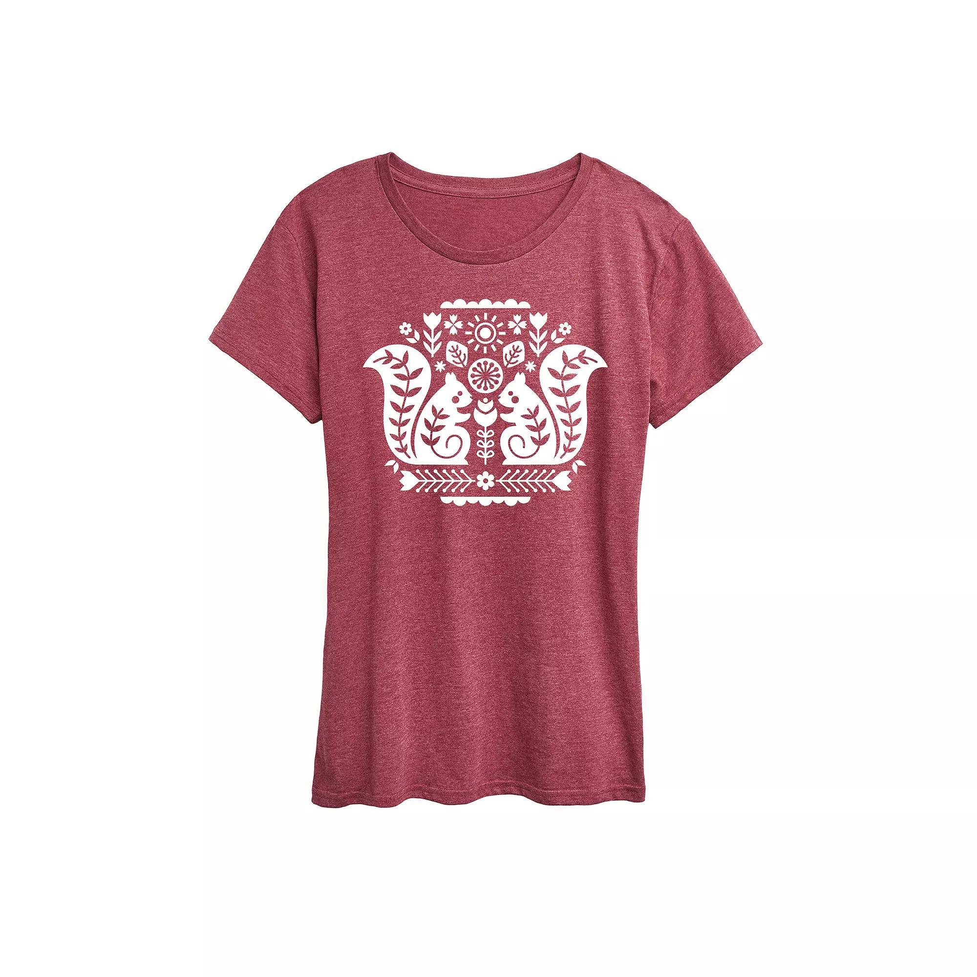 Womens Scandinavian Squirrels Graphic Tee Grey Dark Red Product Image