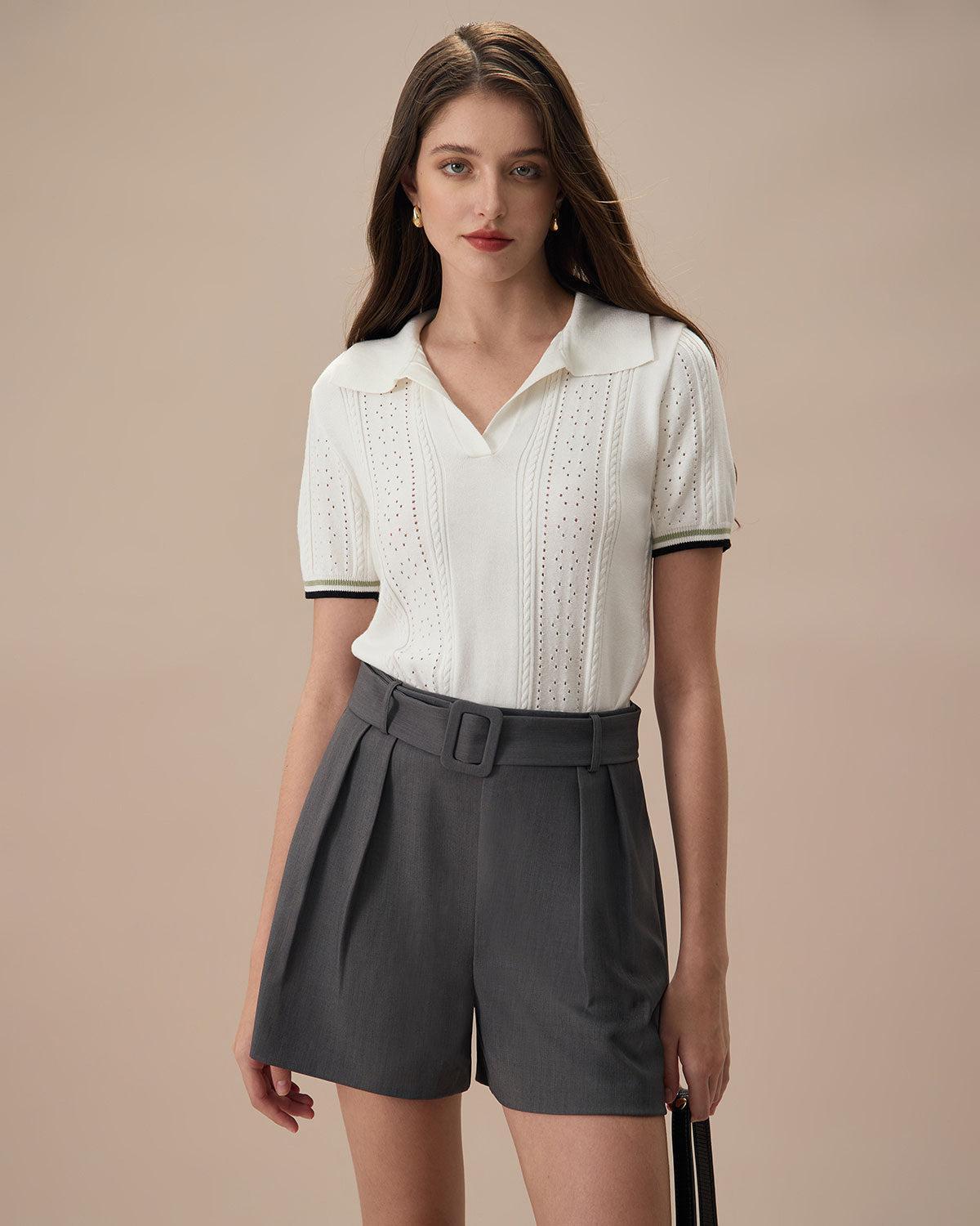 Women's Grey High-Waisted Belted Pleated Shorts Female Product Image
