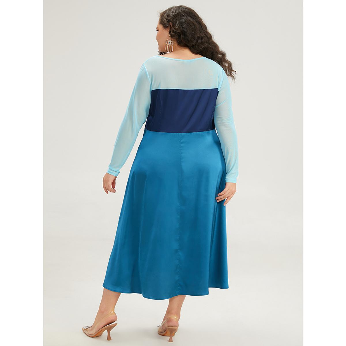 Plus Size Halloween Contrast Patchwork Mesh Dress Aegean Women Elegant See through Round Neck Long Sleeve Curvy Midi Dress BloomChic 18-20/2X Product Image