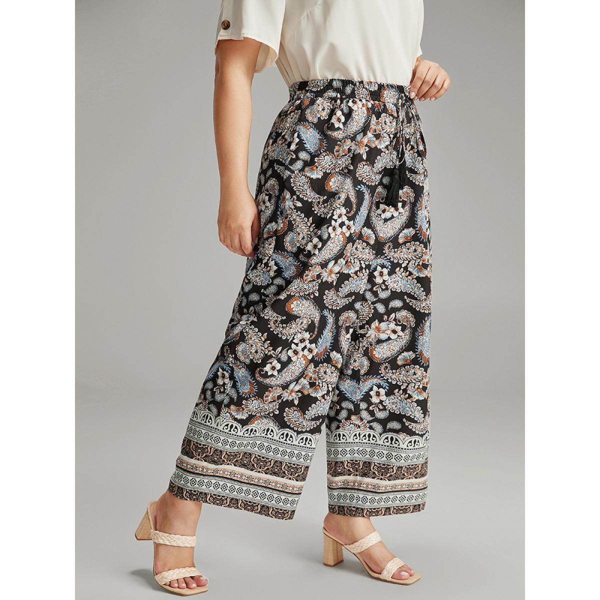 Plus Size Boho Print Tassel Elastic Waist Pants Women Black Resort Straight Leg High Rise Vacation Pants BloomChic 30/6X Product Image