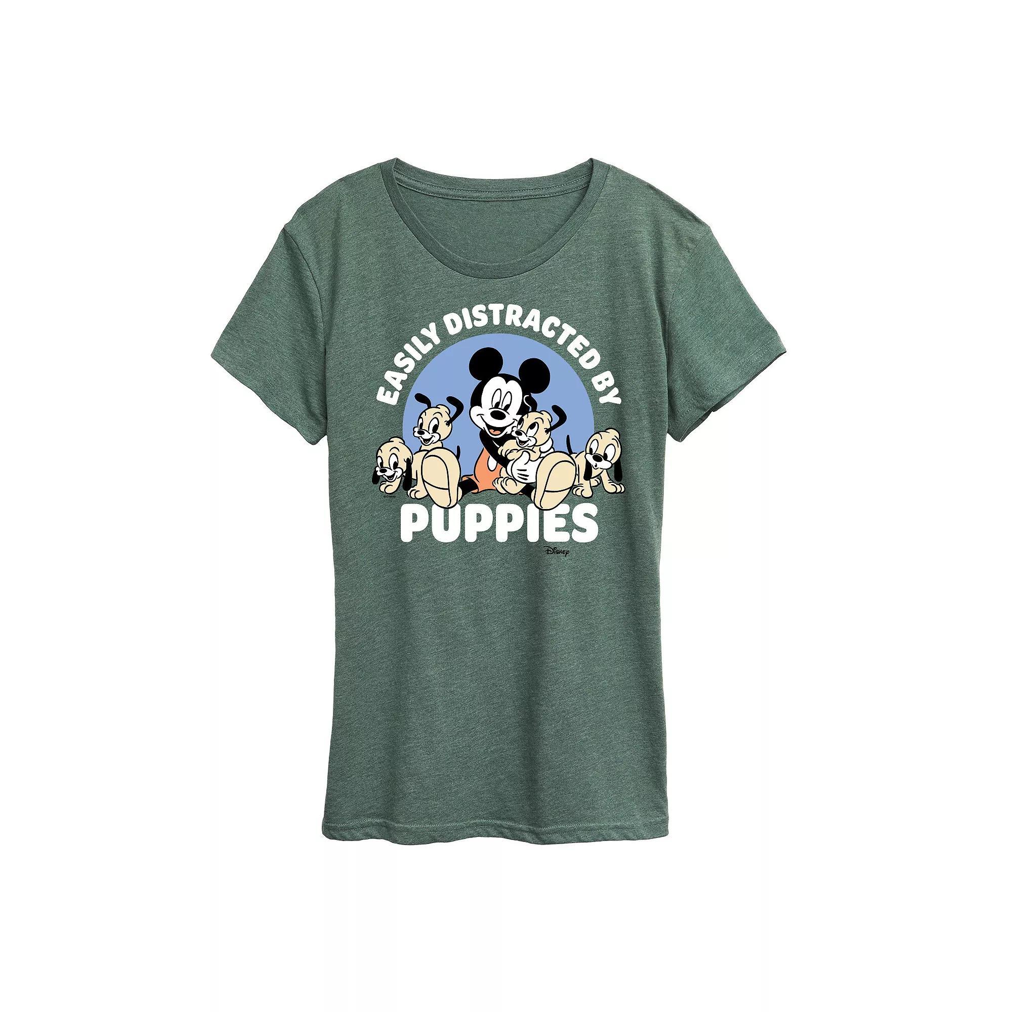 Disney's Mickey Mouse Women's Distracted By Puppies Graphic Tee, Girl's, Size: Medium, Grey Green Product Image