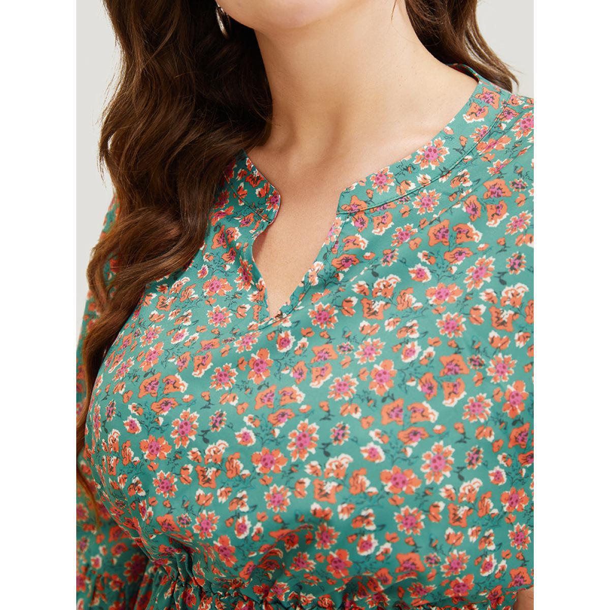 Plus Size Emerald Ditsy Floral Ruffle Sleeve Notched High Low Hem Blouse Women Elegant Short sleeve Notched collar Dailywear Blouses BloomChic 22-24/3X Product Image