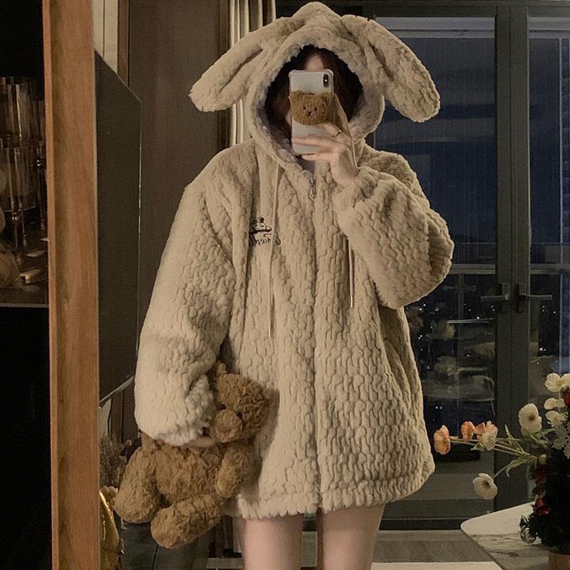 Rabbit Ear Accent Drawstring Hooded Fleece Zip Jacket Product Image