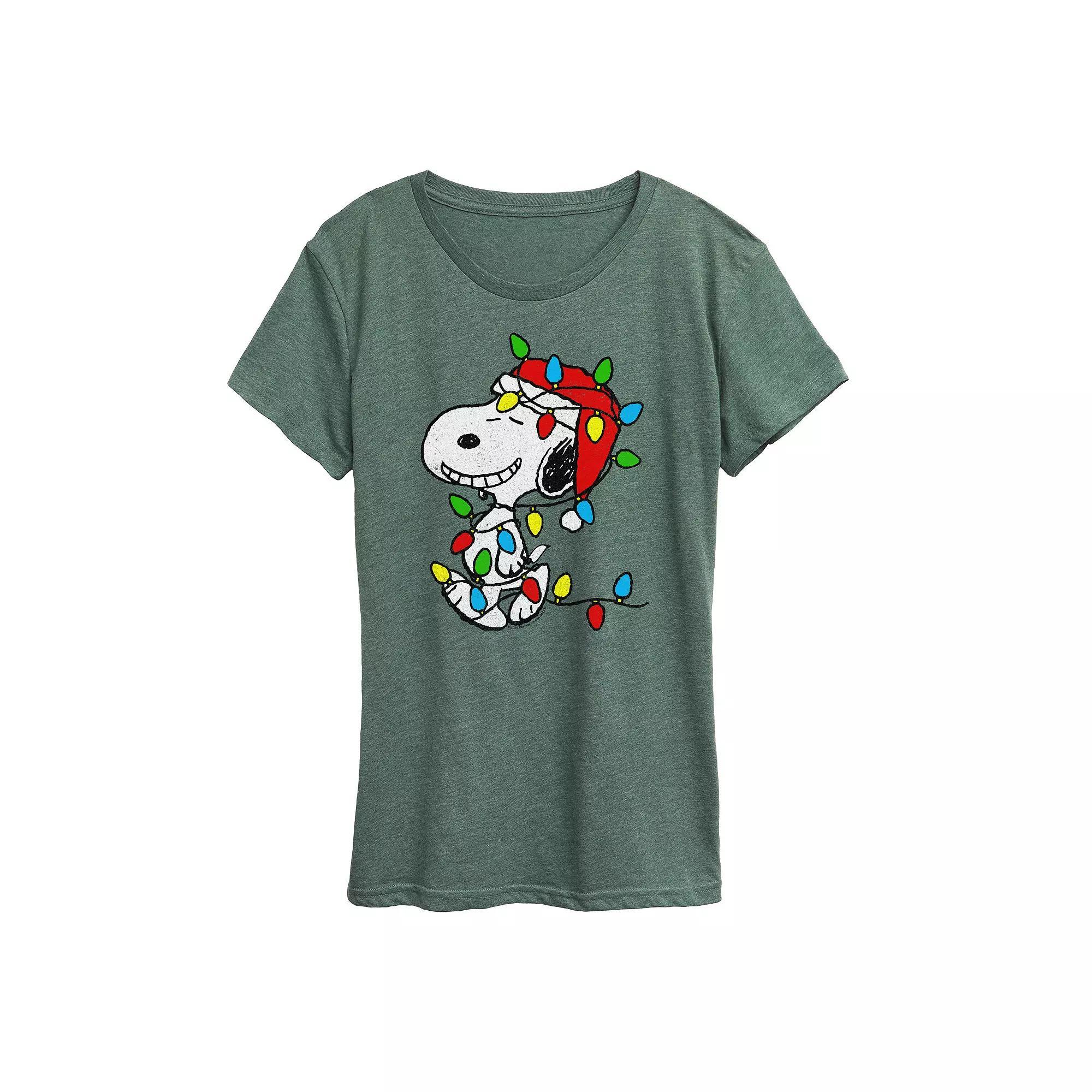 Women's Peanuts Snoopy Christmas Lights Graphic Tee, Size: Large, Grey Green Product Image