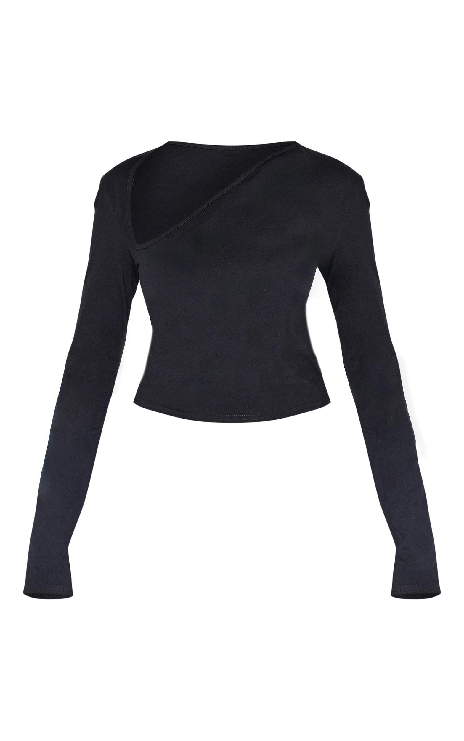 Black Cotton Asymmetric Neck Detail Long Sleeve Top Product Image