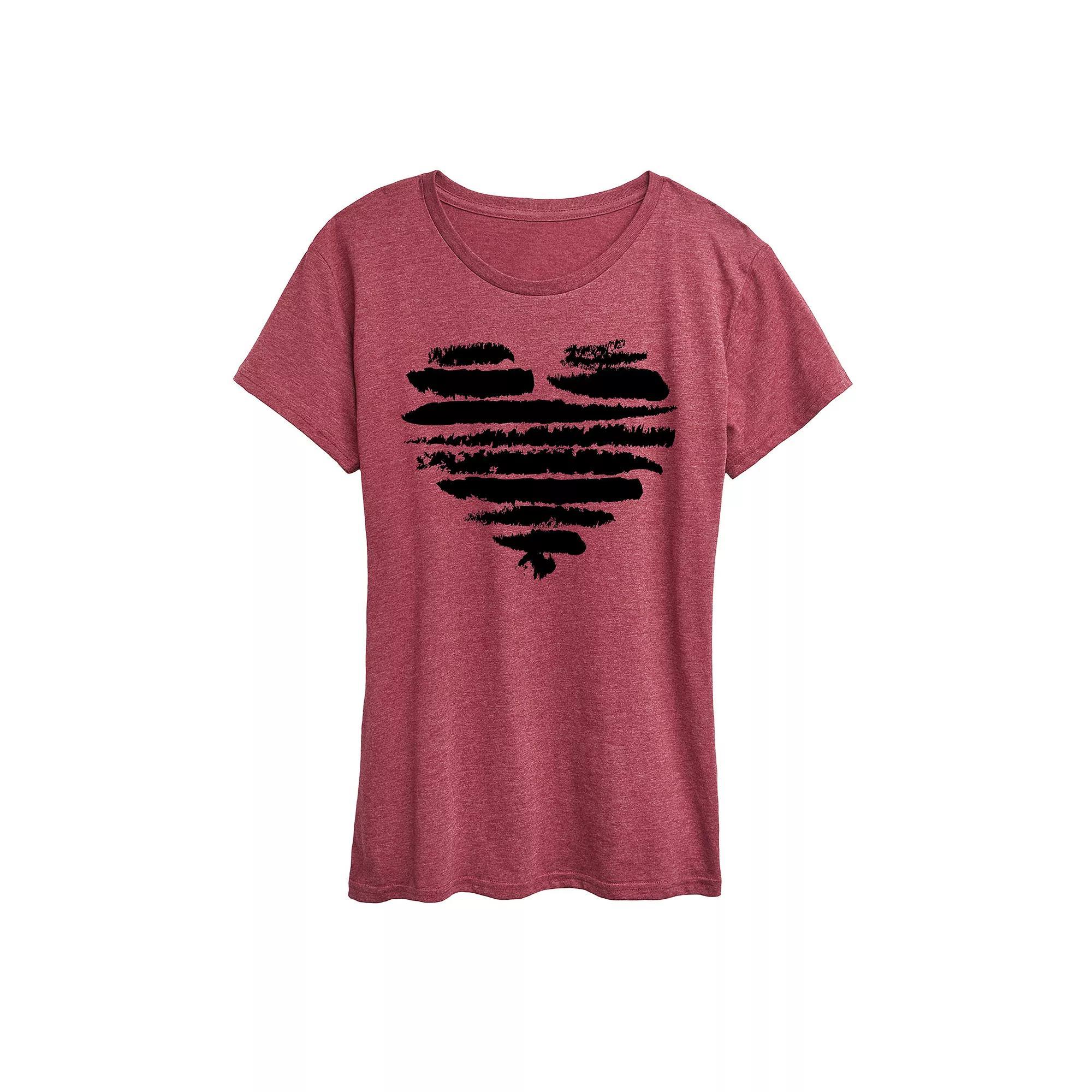 Womens Brushstroke Heart Stripes Graphic Tee Grey Dark Red Product Image