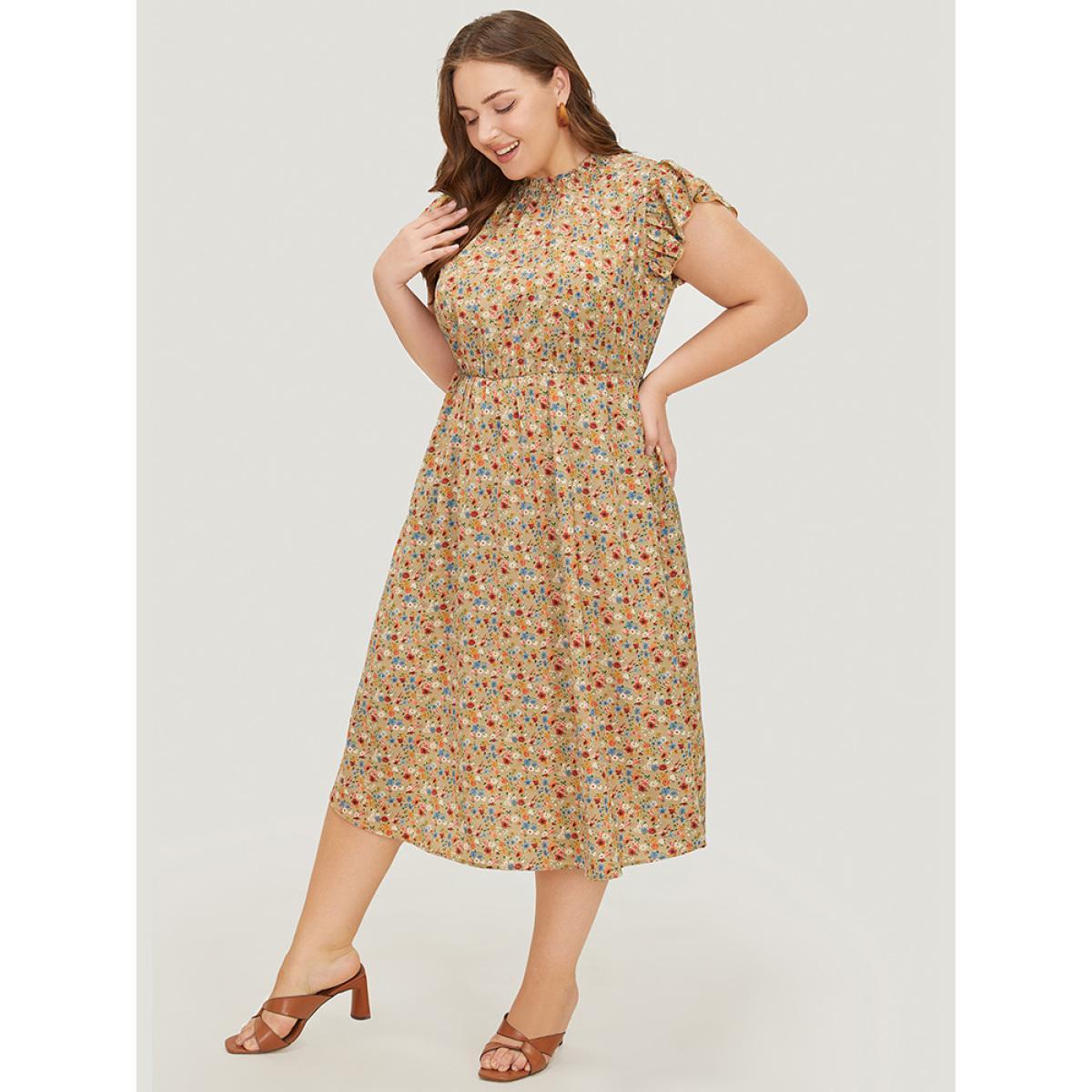 Plus Size Ditsy Floral Ruffle Sleeve Pocket Frill Trim Mock Neck Dress Tan Women Elegant Pocket Mock Neck Half Sleeve Curvy Midi Dress BloomChic 10/M Product Image