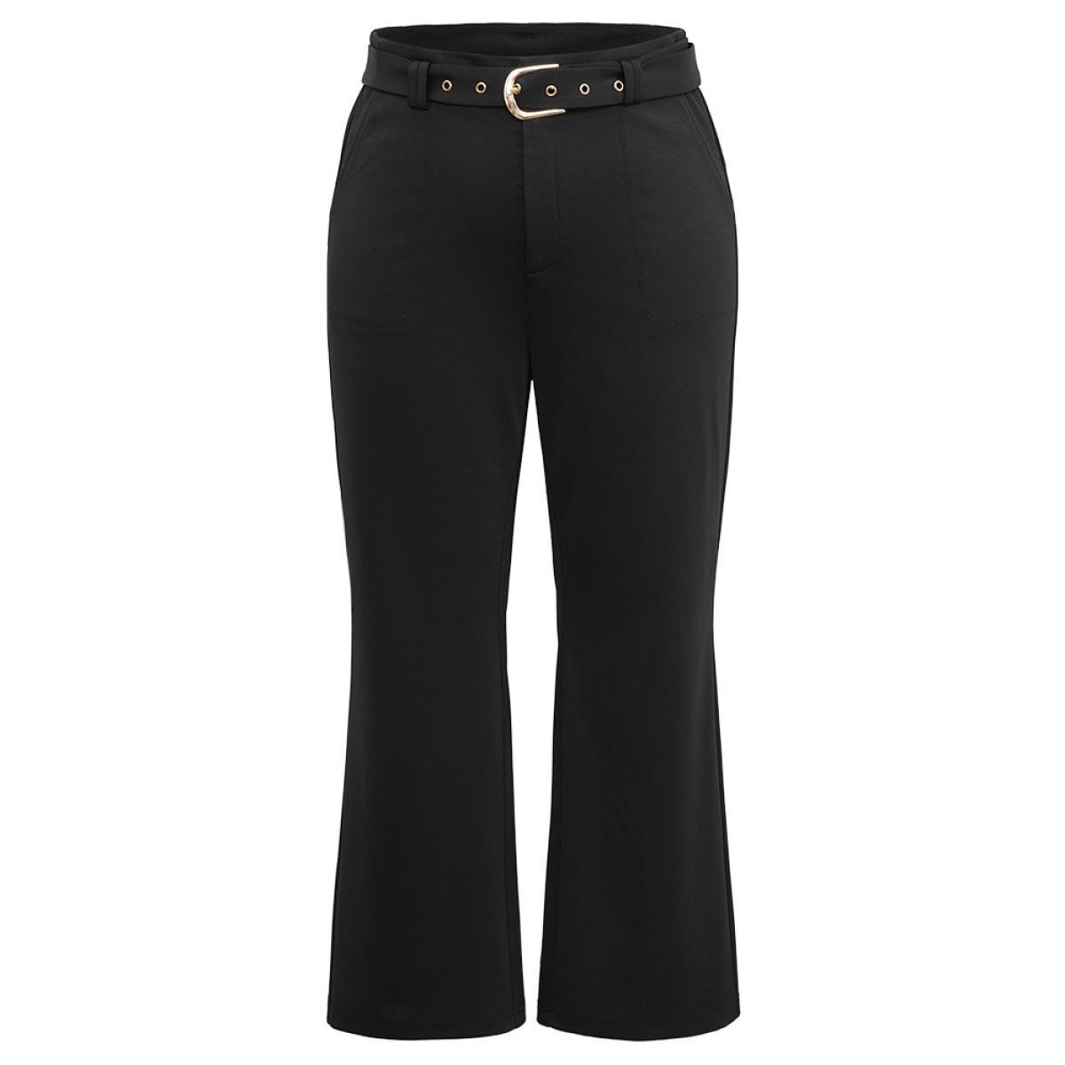 Plus Size Solid High Rise Belted Bootcut Pants Women Black At the Office Flare Leg High Rise Work Pants BloomChic 30/6X Product Image