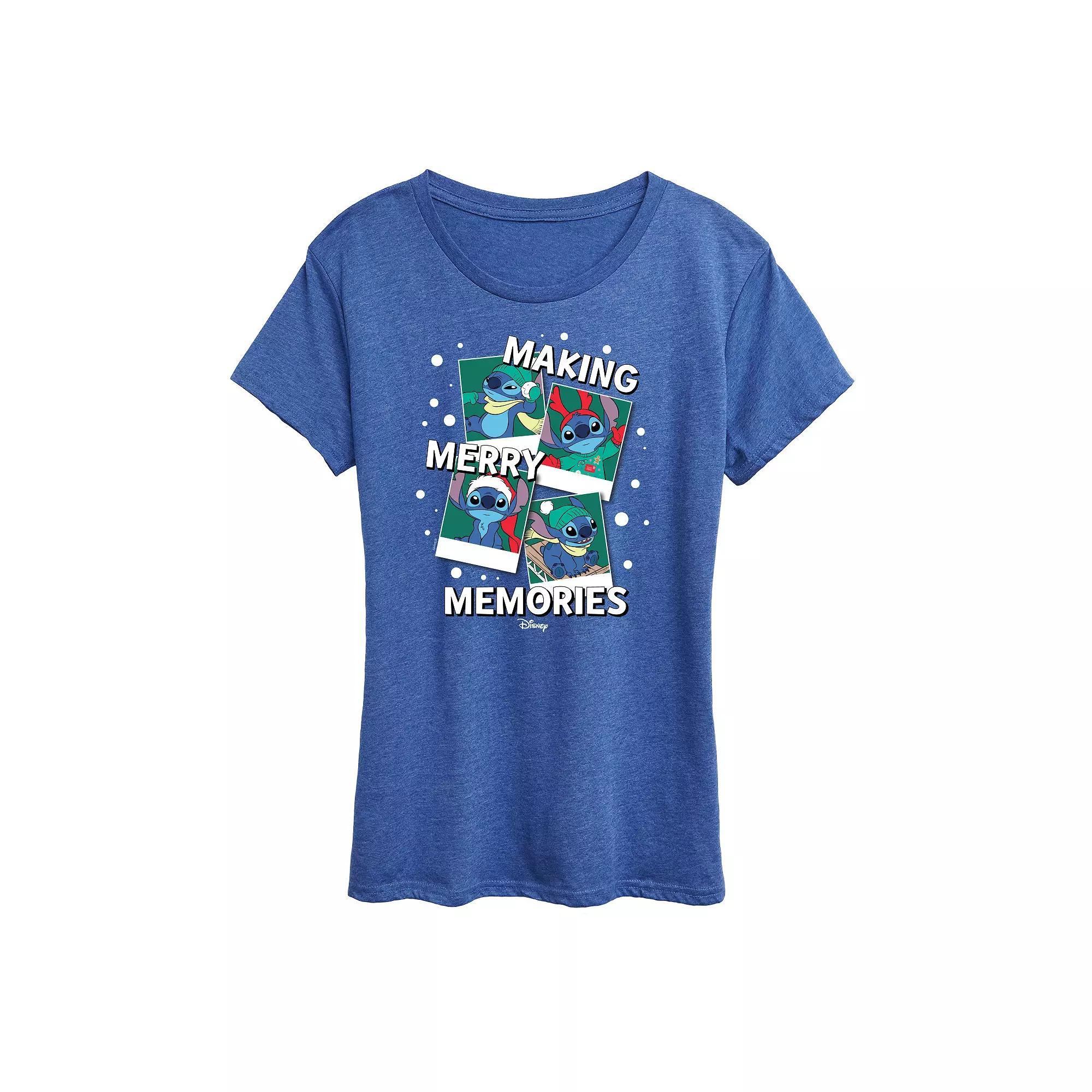 Disneys Lilo and Stitch Womens Merry Memories Graphic Tee Grey Royal Blue Product Image