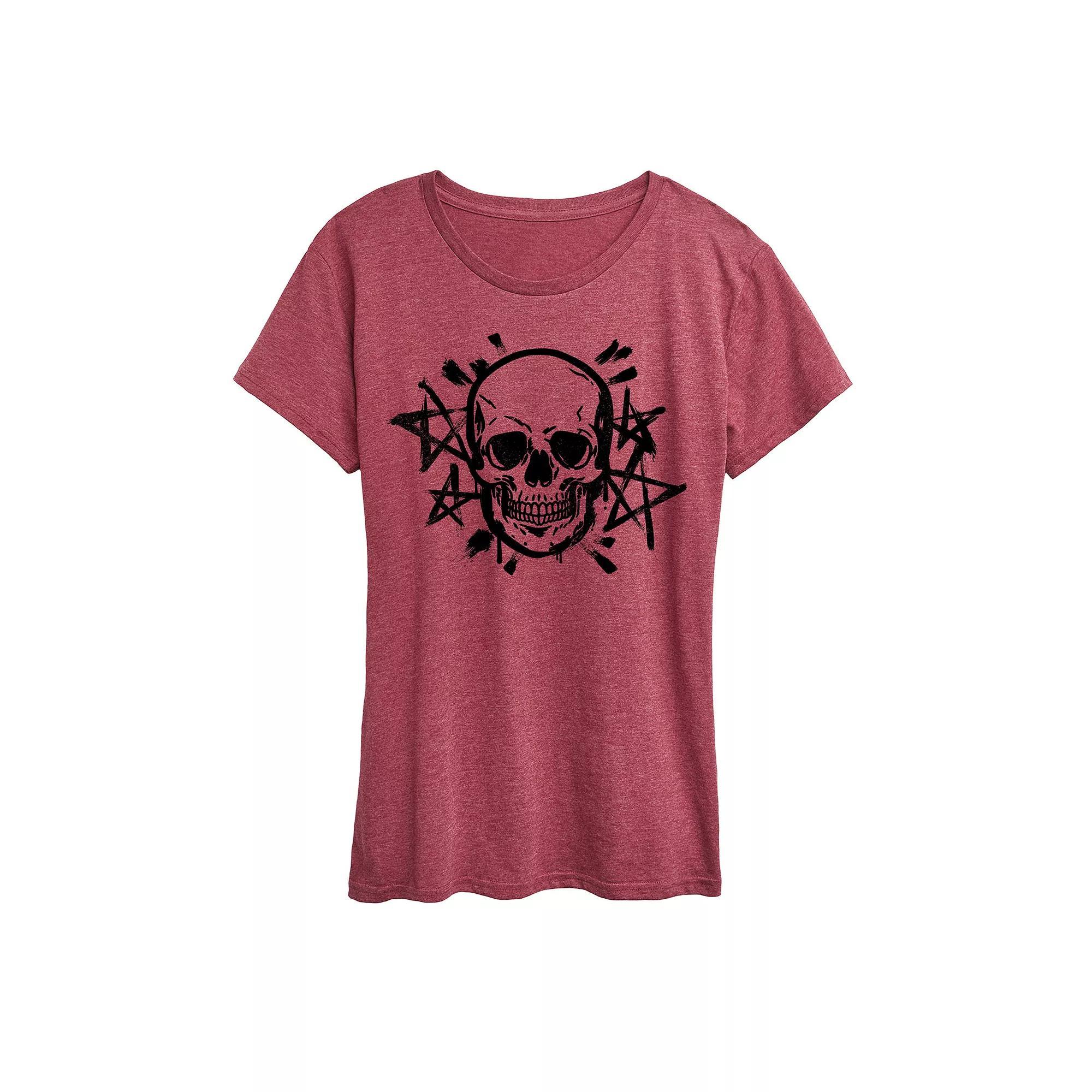Womens Skull And Stars Graphic Tee Grey Dark Red Product Image