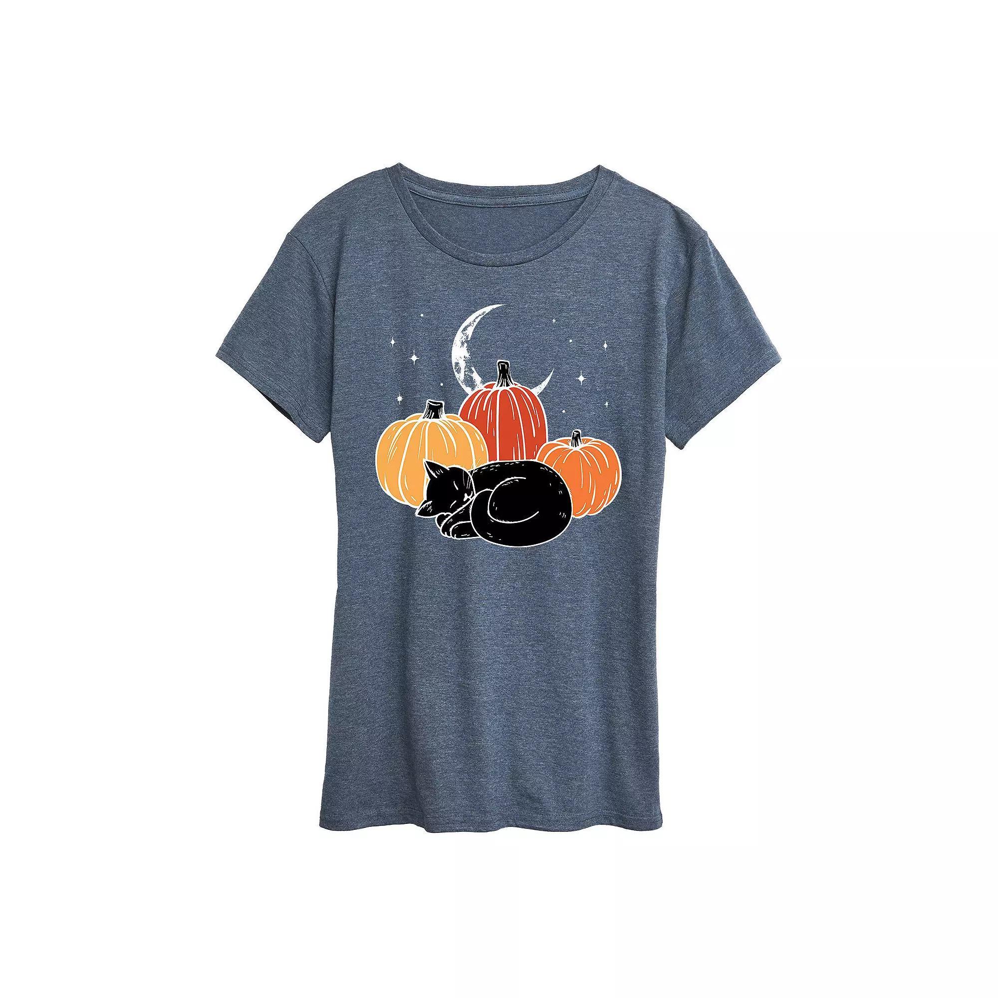 Womens Black Cat Pumpkin Nap Halloween Tee, Girls Product Image