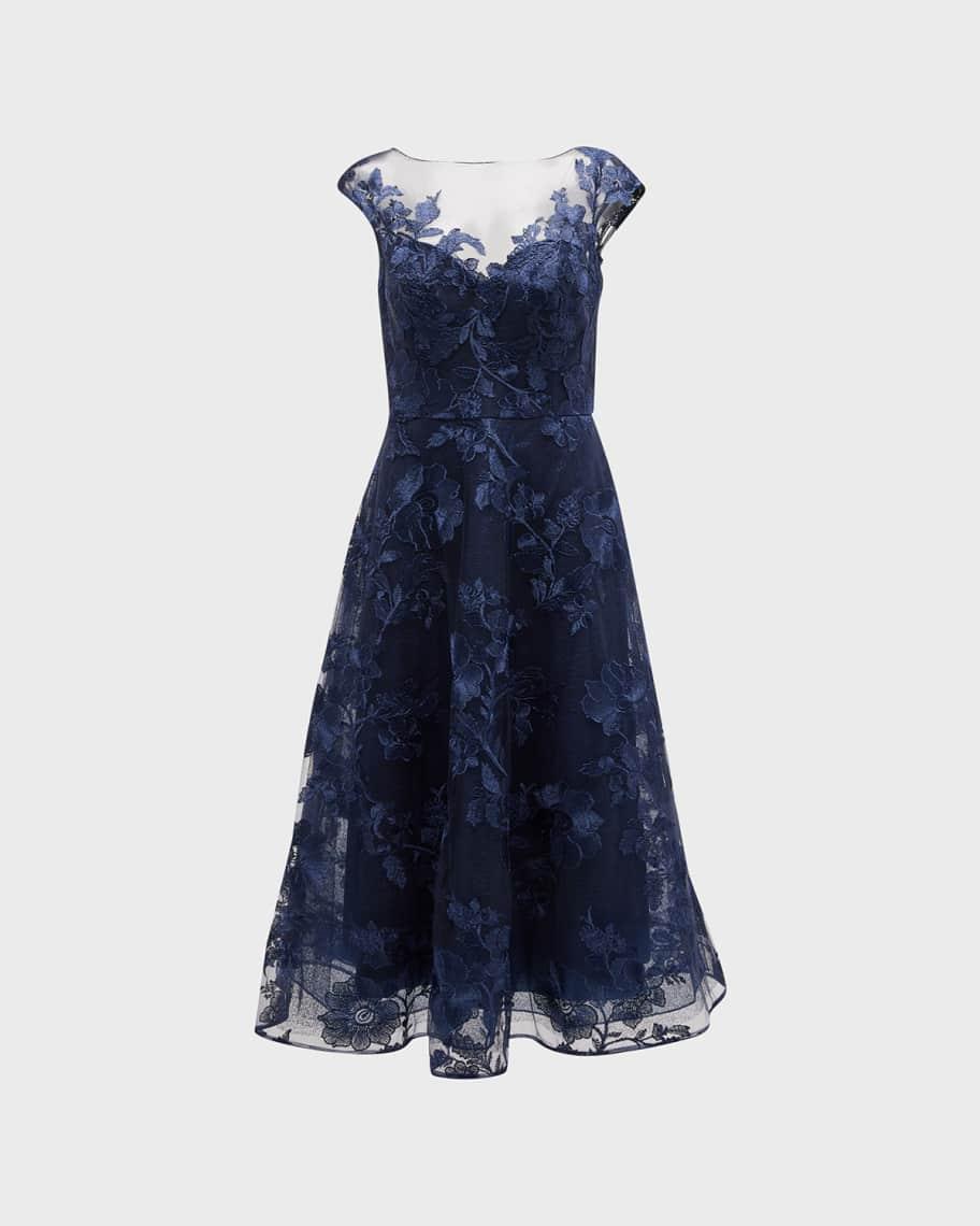 Cap-Sleeve Floral Applique Midi Dress Product Image