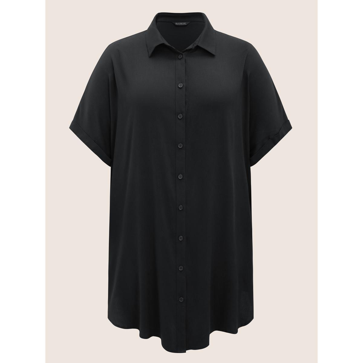 Plus Size Black Rayon Shirt Collar Cuffed Sleeve Pocket Blouse Women Casual Short sleeve Shirt collar Everyday Blouses BloomChic 30/6X Product Image