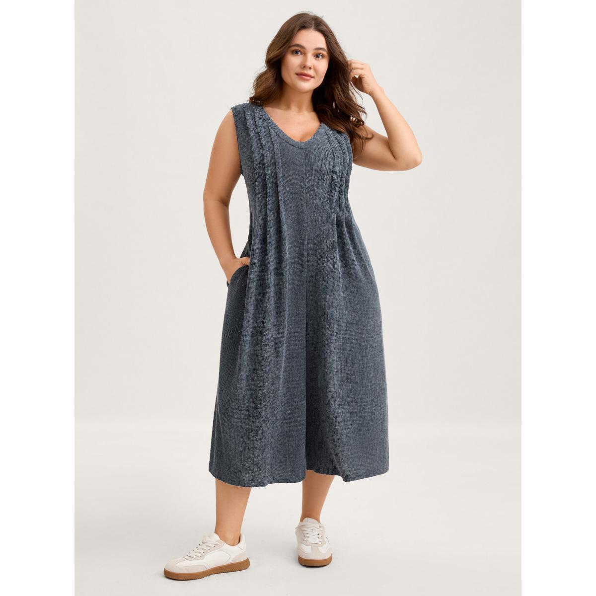 Plus Size Stone Stretchy Textured Pleated Wide-Leg Jumpsuit Women Sleeveless V-neck Everyday-Casual Loose Jumpsuits BloomChic 30/6X Product Image