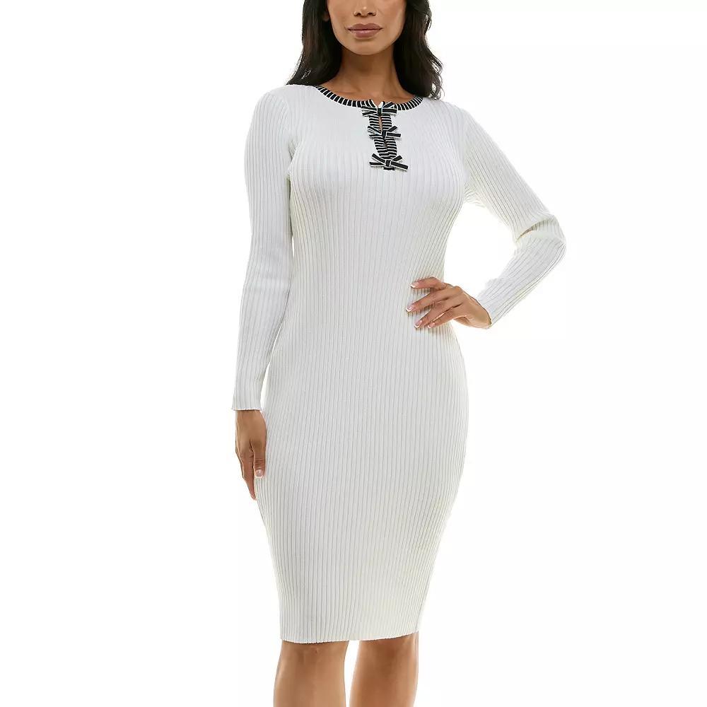 Women's Nina Leonard Ribbed Knit Dress, Size: Large, Black White Product Image