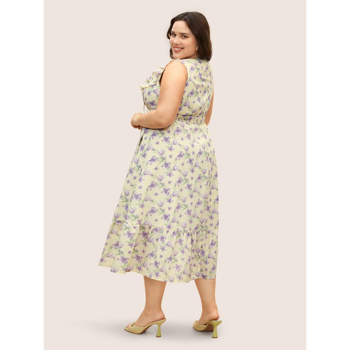 Plus Size Floral Ruffles Shirred Sleeveless Midi Dress Apricot Women Elegant Cross straps V-neck Sleeveless Curvy BloomChic 26/4X Product Image
