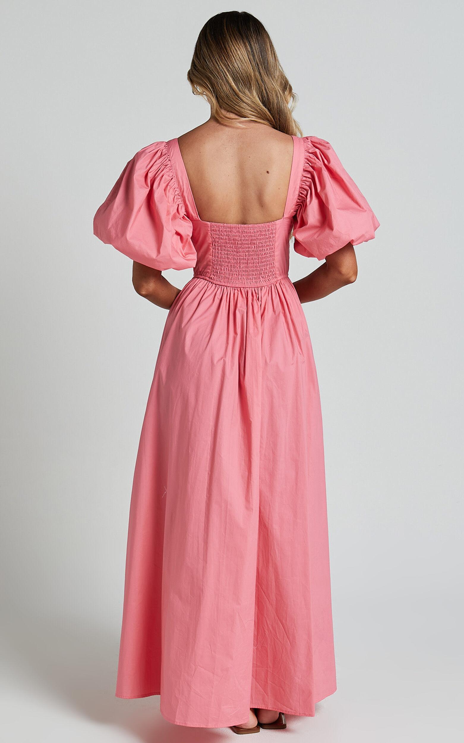 Raiza Midi Dress - Shirred Waist Puff Sleeve Dress in Coral Pink Product Image
