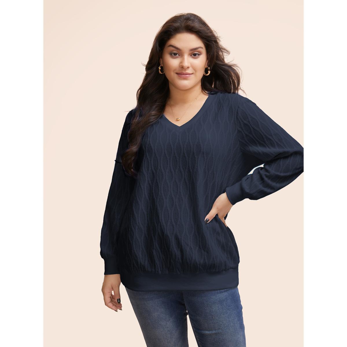 Plus Size Rib Knit Plain Elastic Cuffs Sweatshirt Women Blue Elegant Non V-neck Everyday Sweatshirts BloomChic 10/M Product Image