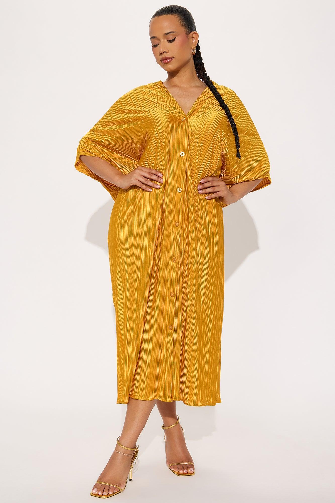 Isa Plisse Maxi Shirt Dress - Mustard Product Image