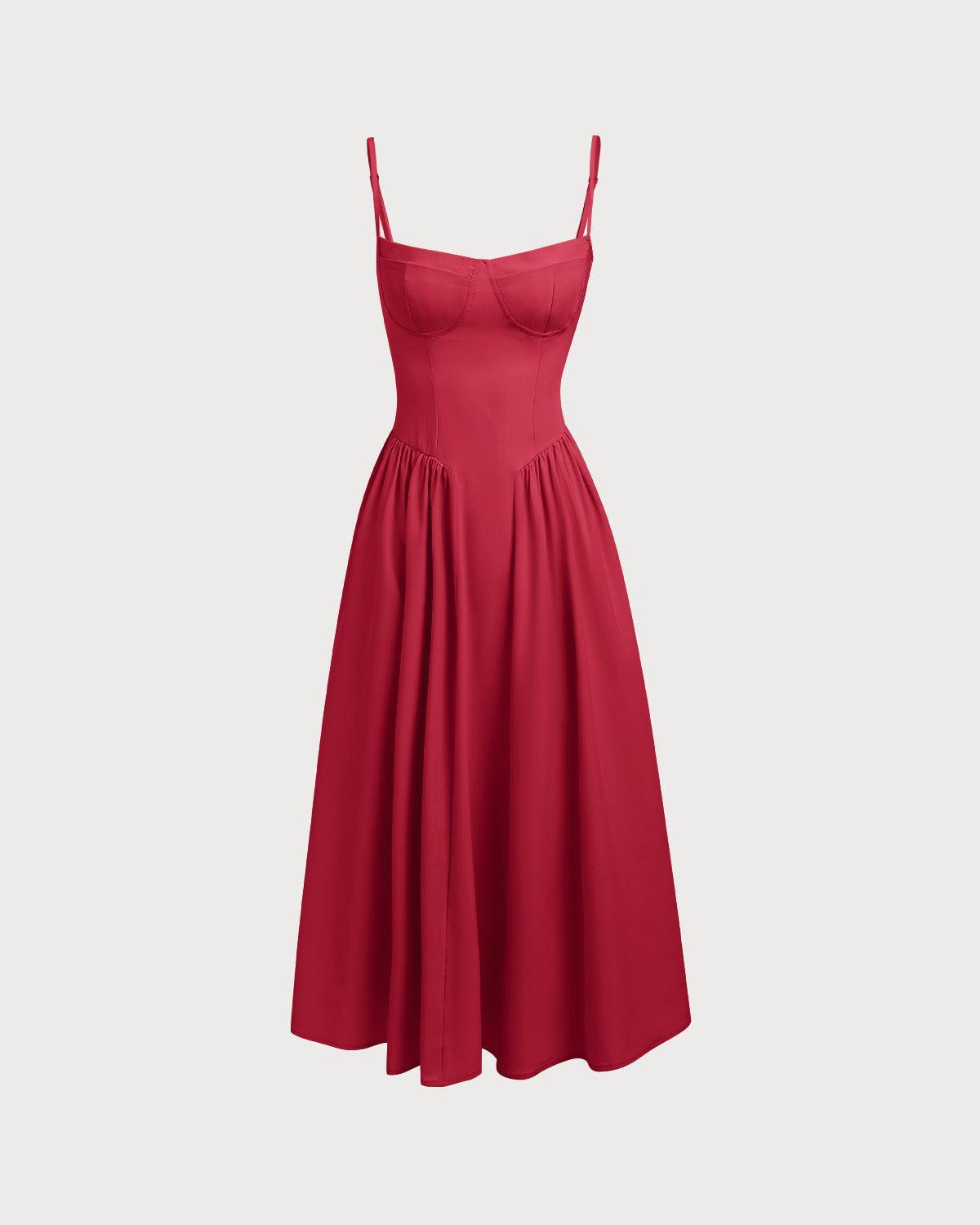 Red Square Neck Pocket Slip Midi Dress Product Image