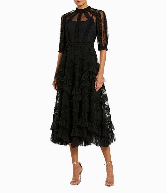 Mac Duggal Mock Neck Short Sleeve Tiered Ruffled Pleated Embellished A-Line Midi Dress Product Image