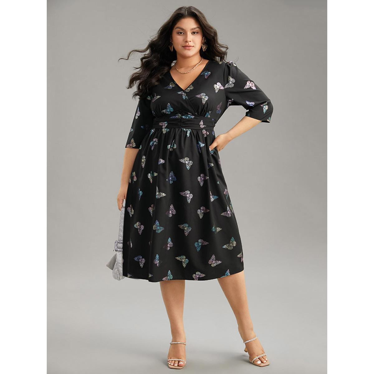 Plus Size Butterfly Glitter V Neck Ruched Dress Black Women Party Wrap Overlap Collar Half Sleeve Curvy Midi Dress BloomChic 12/L Product Image