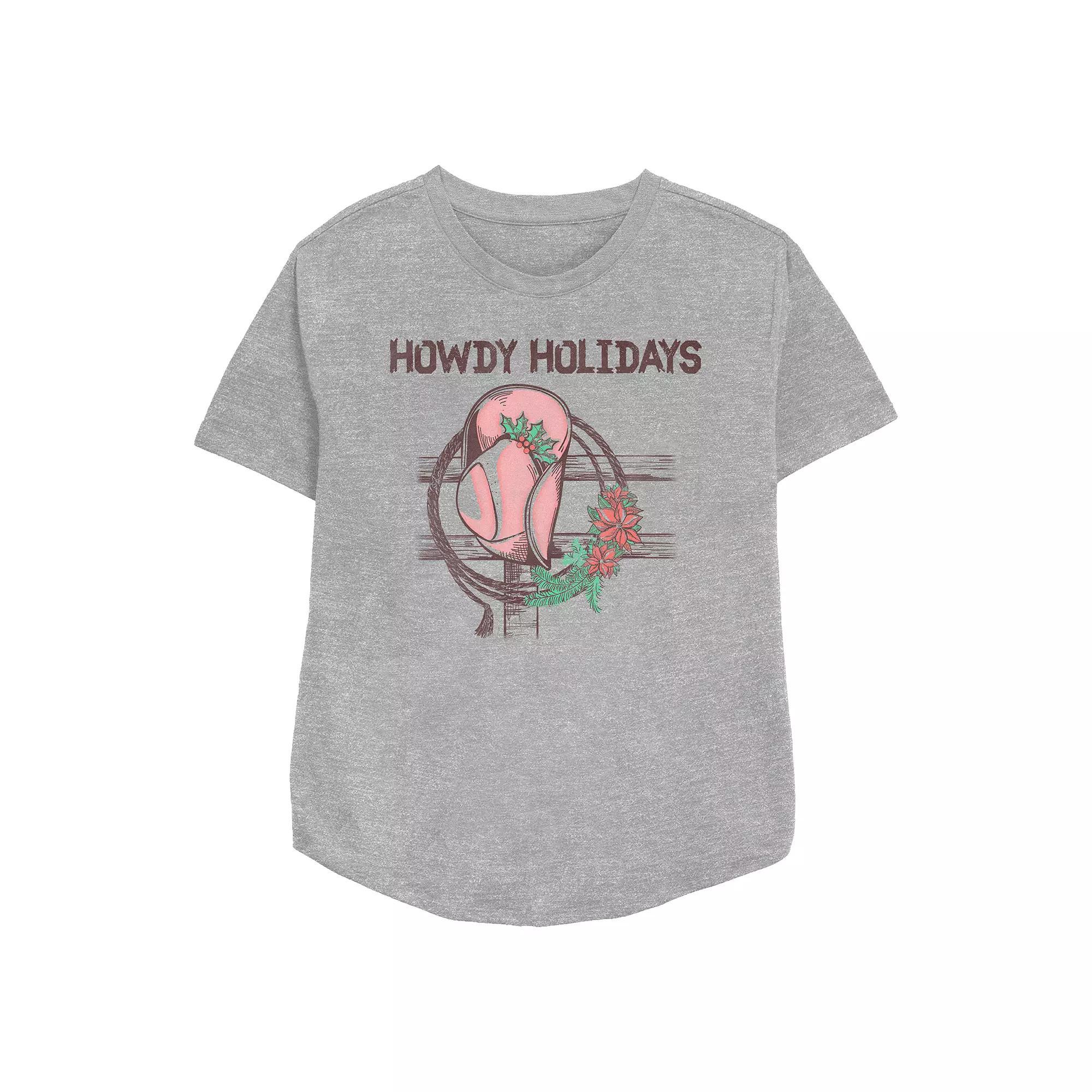 Women's Howdy Holidays Cowgirl Hat Relaxed Fit Graphic Tee, Size: Small, Athletic Grey Product Image