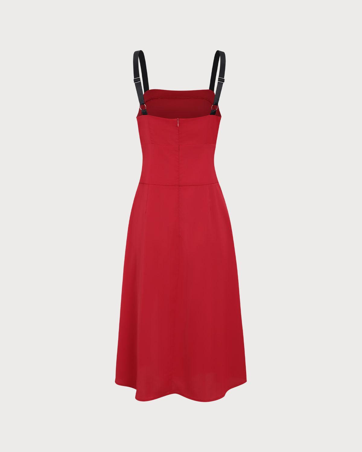 Red Contrast Slit Slip Midi Dress Product Image